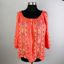 Charter Club Womens Large L Orange Embroidered Bohemian Floral Detail Top - £24.45 GBP