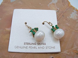 NEW Sterling Silver Genuine Pearl and Green Stone Dangle Earrings Gold Hook NWT - £26.59 GBP