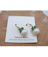 NEW Sterling Silver Genuine Pearl and Green Stone Dangle Earrings Gold H... - £25.76 GBP
