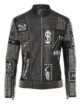 Men PHILIPP PLEIN Leather Coat Black Silver Studded Embroidery Patches Jacket PP - $333.19