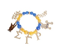 Women&#39;s Blue Gold Ball Beads Poodle Letter Charms Gold Plated Stretch Bracelet - £34.07 GBP
