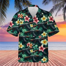 Ak47 Machine Guns And Flowers Tropical HAWAIIAN Short Sleeve Button Green Shirt - £8.23 GBP+
