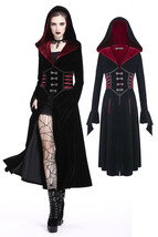 Black Velvet Red Trim Hooded Goth Jacket Long Victorian Gothic Coat Spri... - $86.25