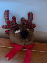 Small Brown Plush Reindeer Head w Plaid Antlers Christmas Holiday Door Knob Cove - £6.14 GBP