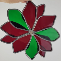 Poinsettia Leaded Glass Ornament 3D Suncatcher XMAS Floral Red 7&quot; Handmade Vtg - $16.95