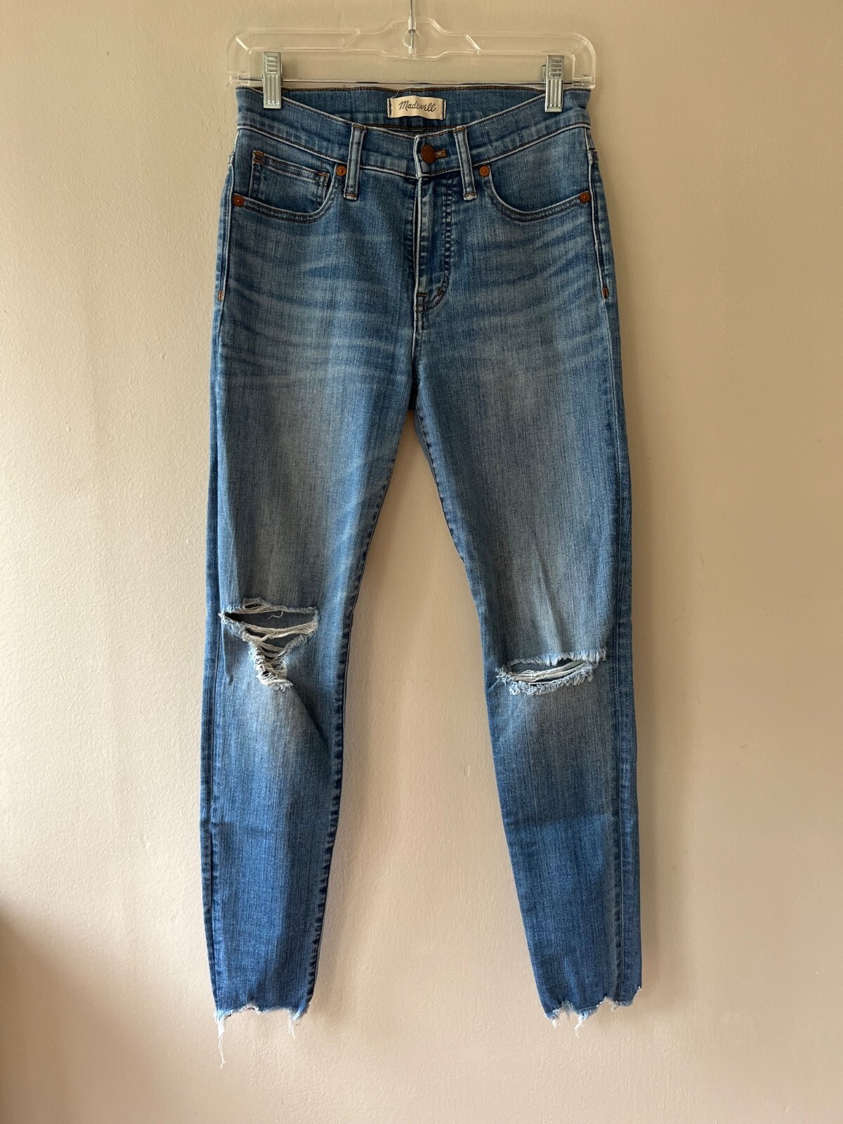 Madewell Sz 26 High Rise Skinny Jeans Distressed Medium Wash Raw Hem Stretch Item image 2