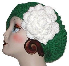 White Gardenia Hat, Women&#39;s Green Beret, Green Beret For Women, Ladies B... - £27.97 GBP
