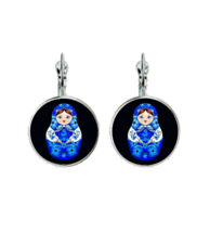 Beautiful Matryoshka Matreshka Cabochon Earrings NEW Blue on Black Background - £11.18 GBP