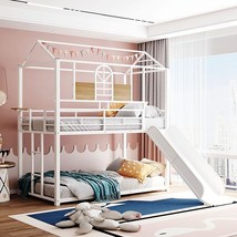 Metal Bunk Bed Twin Over Twin, Floor Bunk Bed/Kids House Bunk Bed With Slide, La - £516.95 GBP