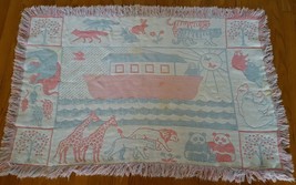 Vintage Baby Crib blanket open weave Pink white blue Animals Noahs ark 100% Cott - £13.82 GBP