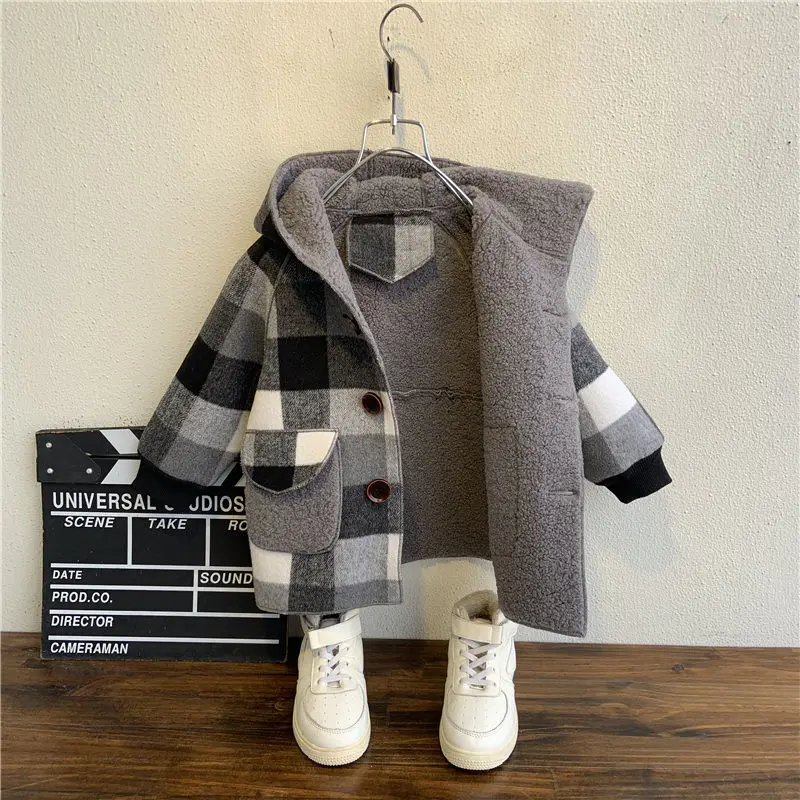 fall Winter Fleece Jackets For Boy Trench Children&#39;s ing 2-10Y Hooded Warm plaid - £117.04 GBP