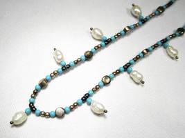 Estate Sterling Silver Thailand Pearl Turquoise Anklet Ankle Bracelet C2160 - £22.54 GBP