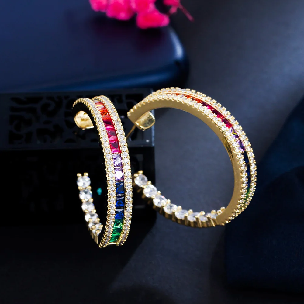 Colorful Rainbow Cubic Zirconia Big Gold Color Round CZ Hoop Earrings for Women  - £19.71 GBP