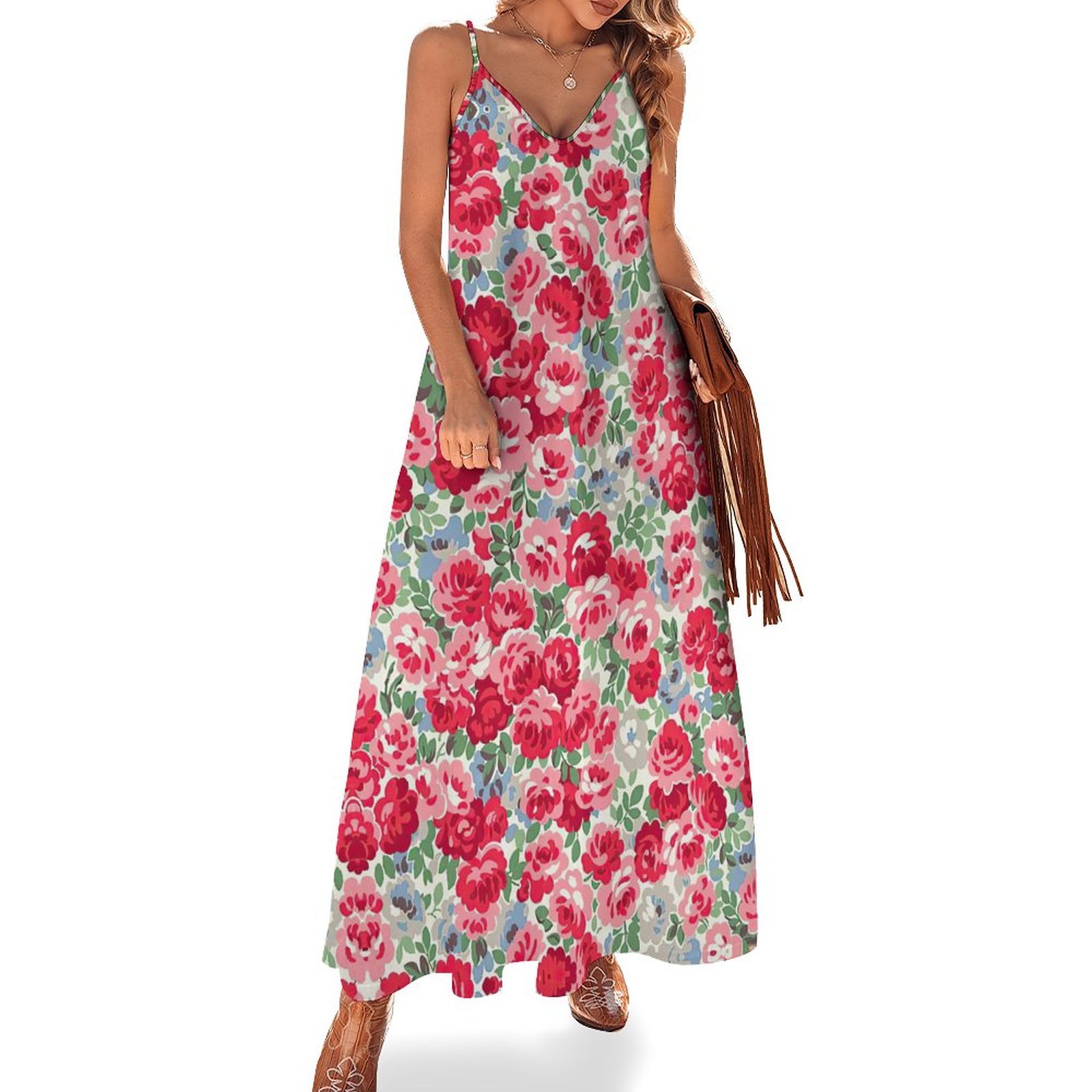 Mondxflaur Classic Floral Summer Dresses for Women V-neck Spaghetti Strap Dress