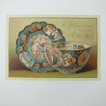 Victorian Christmas Card Dishes Plate &amp; Bowl Blue Red Gold &amp; White Antique - £7.98 GBP