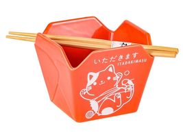 Orange Itadakimasu Lucky Cat Takeout To Go Box Serving Bowl With Chopsti... - €16,35 EUR