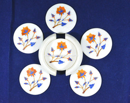 Marble Drinkware Coaster Set Hakik Floral Inlay Stones Kitchen Accessories H5561 - £110.48 GBP