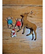 Vintage Christmas Flocked Ornaments Decor Teddy Bears Deer Display Lot Of 4 - $22.89 CAD