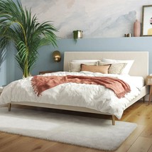 King Mid-Century Off-White Velvet Upholstered Platform Bed Frame with Headboard - $16,047.17 MXN