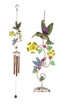 Hummingbirds Hovering Over Nectar Flowers Art Glass Gemstones Metal Wind... - $26.99