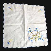 VTG Hanky Handkerchief White w Blue Embroidered Flowers 9.5” Wedding Scalloped - £8.15 GBP