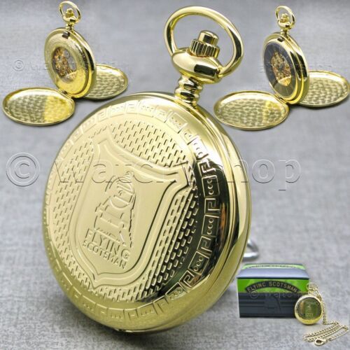 Primary image for Pocket Watch Gold Skeleton FLYING SCOTSMAN Double Full Hunter on Fob Chain C27