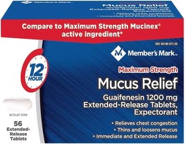 Members Mark Mucus Relief Maximum Strength Guaifenesin 1200mg, 56 Tablets - £33.55 GBP