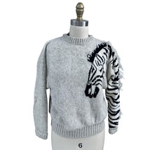 vtg Knight&#39;s LTD Shetland Wool Sweater Zebra Intarsia Fringe 80s Gray Sz 38/M/L - $158.60