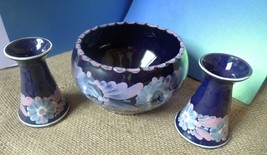 Vintage Studio Art Pottery Candlestick Candle Holder Bowl Set HandPainted Signed - £27.07 GBP
