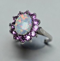 Large Opal &amp; Pink Tourmaline Halo Ballerina Cluster Cocktail Ring Sizable 7.5 - £199.05 GBP