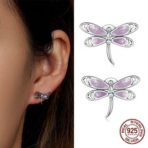 100% 925 Sterling Silver Fine Pink Dragonfly Stud Earrings Insect Animal Ear Stu - $21.13