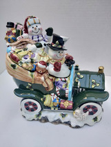 Holiday Ceramic Cookie Jar Featuring Snowman Couple in Green Car - Vinta... - £112.66 GBP