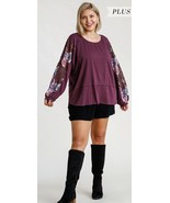 New UMGEE XL  Plum floral sheer lace trim sleeve knit top side slits raw... - £19.19 GBP