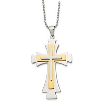 Stainless Steel Yellow IP-Plated Cross Pendant on Ball Chain - £62.92 GBP