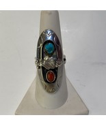 Vtg Native Navajo Turquoise &amp; Coral Figural Leaf Sterling Silver Signed MN  - $74.10 CAD