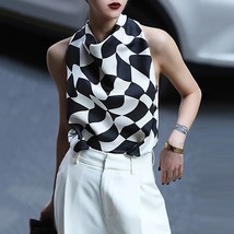 Yeezzi Summer Fashion Female Elegant Loose Tops Black&amp;White Checkerd Crop Top Pa - £102.27 GBP