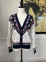 Vintage 90s Margules Cardigan Fair Isle Button Deep Vee Cotton Ramie S - $18.72