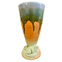 Drip Glaze Pottery Vase With Frog Laying On Base Signed On Bottom - £19.54 GBP