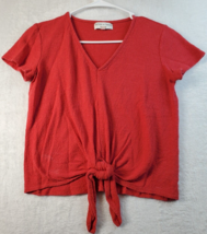 Madewell Texture &amp; Thread Blouse Top Womens XS Red Cotton Short Sleeve Knot Hem - £7.89 GBP