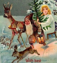 Christmas Postcard Dwarf Lantern Rabbit Deer Fantasy John Winsch Back 1909 - £23.78 GBP