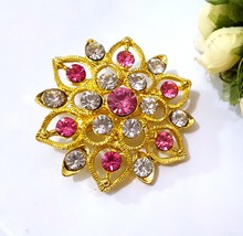 2pc Round Flower Clear White w/ Pink Rhinestone Brooch Pin Gold Tone 2&quot; B102 - $10.99