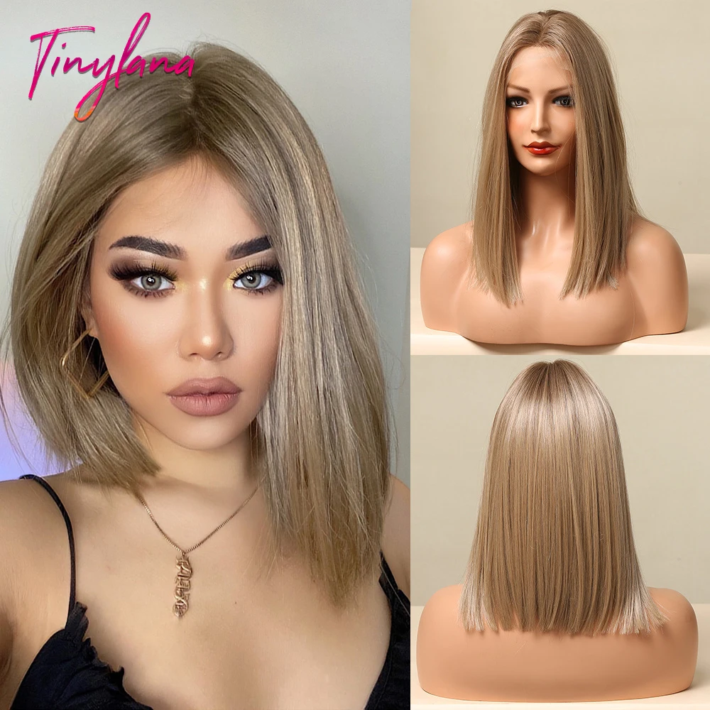 Brown Blonde Lace Front Wigs Short Straight Bob Synthetic Lace Frontal Wig wi - £38.40 GBP+