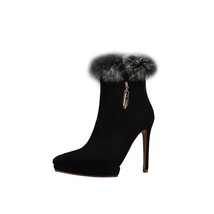 Women Faux Suede Stiletto Heels Boots Pointy Toe Real Rabbit Fur Warm Fleece Win - £78.50 GBP