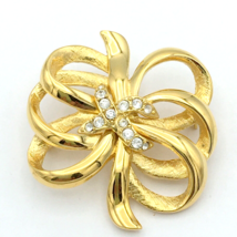 MONET vintage rhinestone ribbon brooch - gold-tone clear stone texture shiny pin - £10.55 GBP