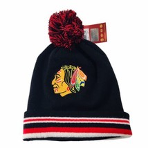 NHL Chicago Blackhawks  Big Logo Mitchell &amp; Ness Knit Blk Red Beanie Pom... - £22.32 GBP