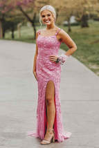 Pink Lace Appliqued Prom Dresses with Slit,Mermaid Spaghetti Strap Formal Dress - £148.62 GBP