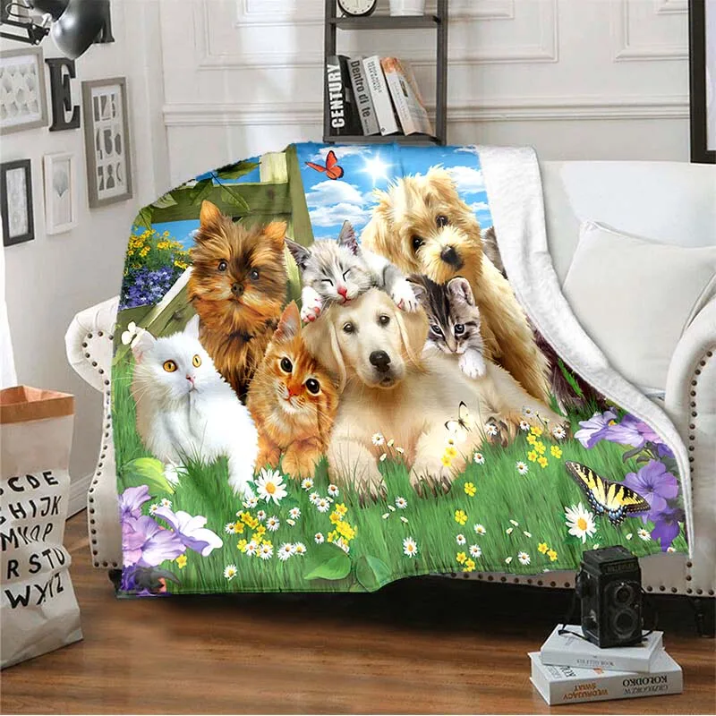 LOUSIDREAM Puppies and Kittens Blanket Family Pet Blankets for Beds Cartoon - £15.63 GBP+