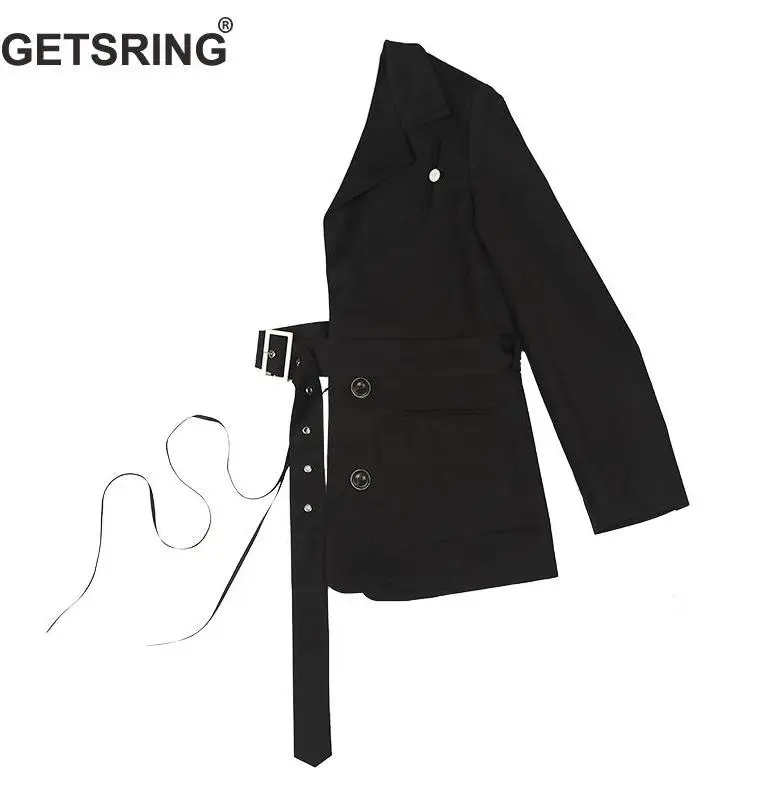GetSpring Women Blazer Black Half Jackets Special Waist Belt  Blazer Irregular W - £162.08 GBP
