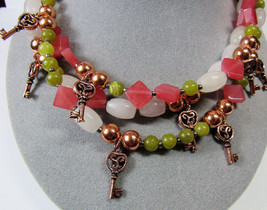 Artisan 3 Strand Toggle Clasp Necklace Big Copper Key Charms Jade Agate Stone - £53.68 GBP