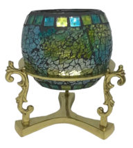 Crushed Mosaic Glass Candle Holder Brass Stand Green Blue Votive Tile Mirrors - £23.70 GBP